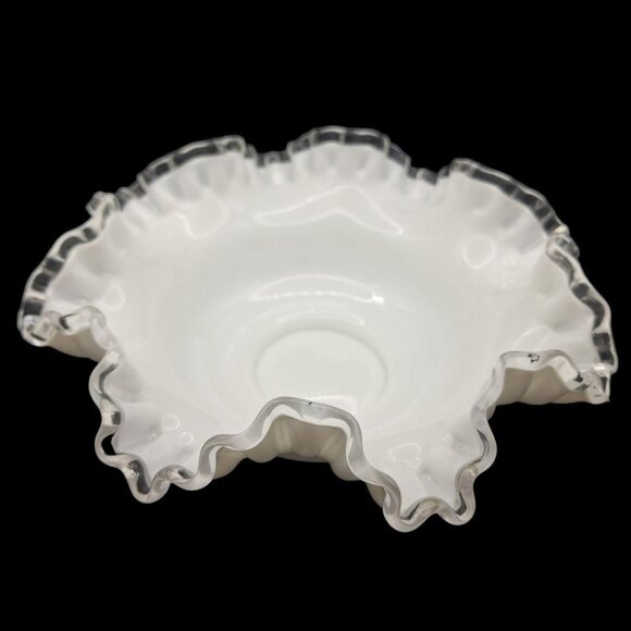 Fenton Silver Crest Ruffle Bowl White Milk Glass Clear Edge 10 Inch Unmarked - Picture 3 of 10